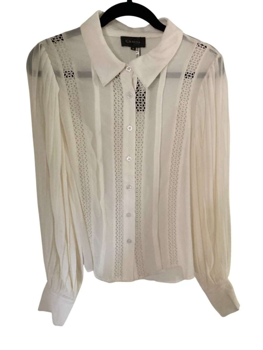Gracia Woman's White Collared Blouse Fluted Pleated Sleeves Medium NWT